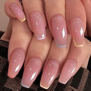 NIB 24pcs Pastel French Manicure Press on Long Nails Set Adhesive Glue Tabs File